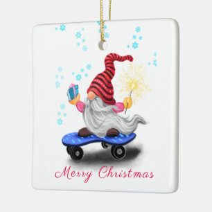 Happy Skater Gnome with Gift Christmas Ornament