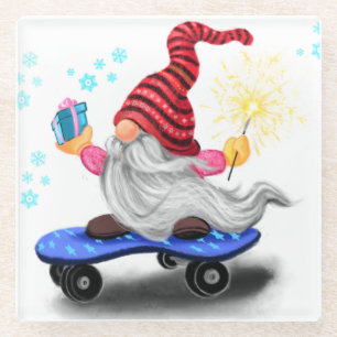 Happy Skater Gnome with Gift Glass Coaster