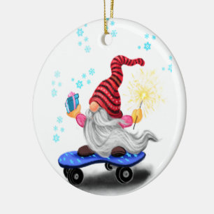Happy Skater Gnome with Gifts and Sparkler - Fun Ceramic Ornament