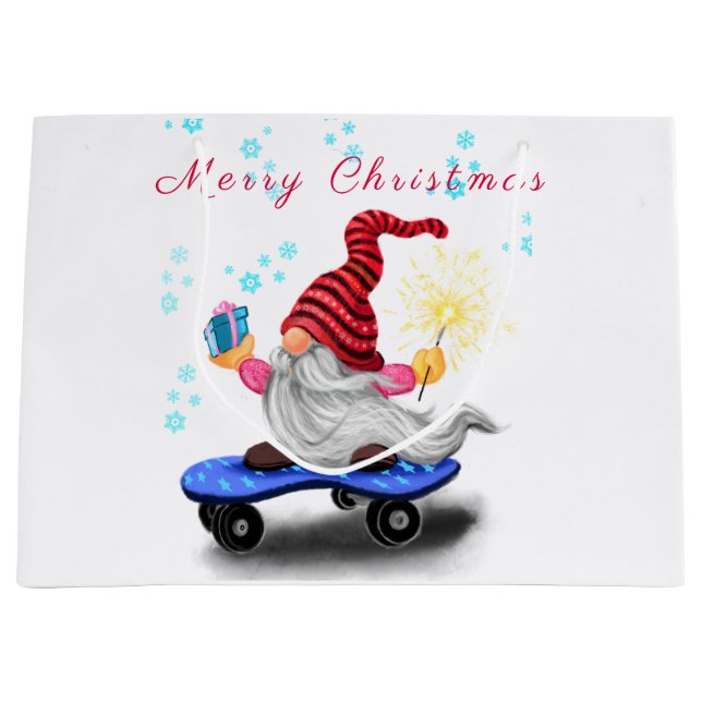 Happy Skater Gnome with Gifts and Sparkler - Fun - Large Gift Bag (Front)