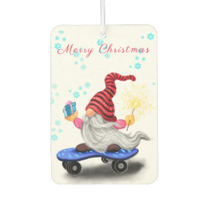 Happy Skater Gnome with Gifts and Sparkler - Funny Car Air Freshener