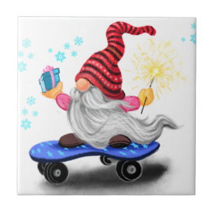 Happy Skater Gnome with Gifts and Sparkler - Funny Ceramic Tile