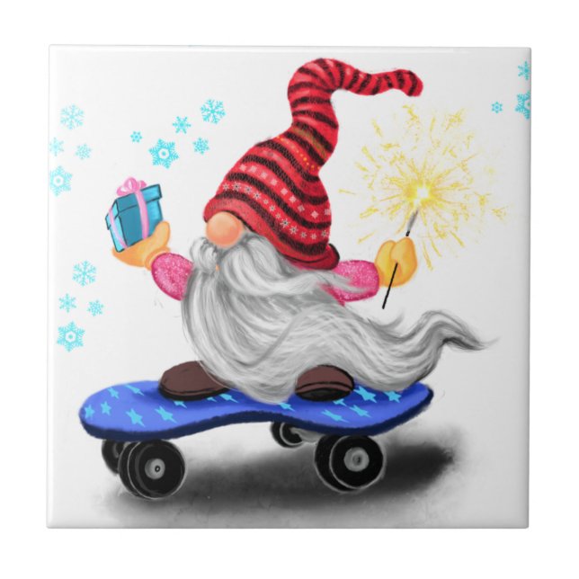 Happy Skater Gnome with Gifts and Sparkler - Funny Ceramic Tile (Front)