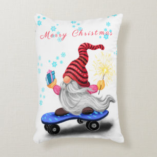 Happy Skater Gnome with Gifts and Sparkler - Funny Decorative Cushion