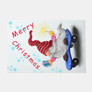 Happy Skater Gnome with Gifts and Sparkler - Funny Doormat