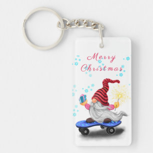 Happy Skater Gnome with Gifts and Sparkler - Funny Key Ring