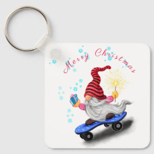 Happy Skater Gnome with Gifts and Sparkler - Funny Key Ring