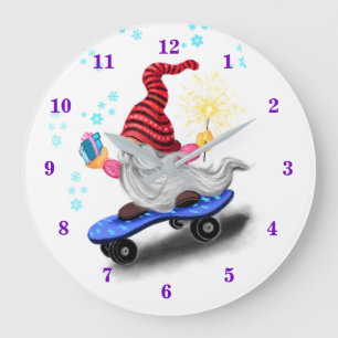 Happy Skater Gnome with Gifts and Sparkler - Funny Large Clock