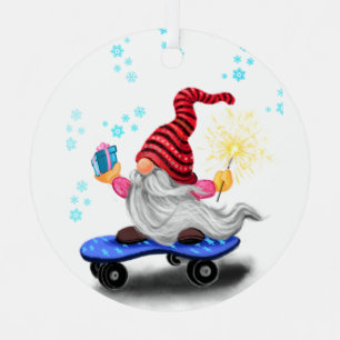 Happy Skater Gnome with Gifts and Sparkler - Funny Metal Tree Decoration