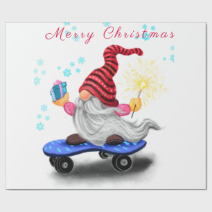 Happy Skater Gnome with Gifts and Sparkler - Funny Wrapping Paper