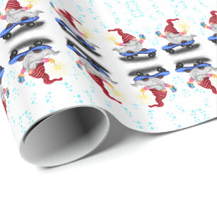 Happy Skater Gnomes with Gifts and Sparkler - Cute Wrapping Paper