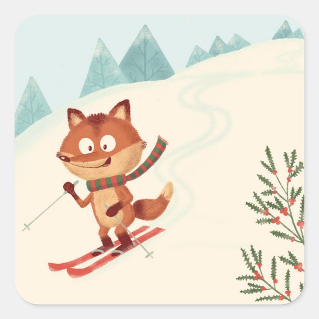 Happy skiing fox square sticker (Front)