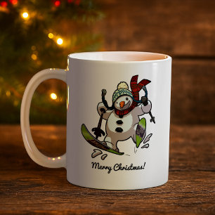 Happy Skiing Snowman Woolly Hat Christmas Cartoon Coffee Mug
