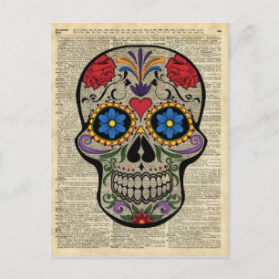 Happy Skull,Sugar Skull,Halloween,Dictionary Art Postcard