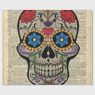 Happy Skull,Sugar Skull,Halloween,Dictionary Art Wrapping Paper