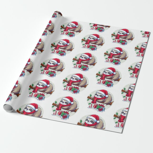 Happy Sleepy Christmas Sloth Wrapping Paper (Unrolled)