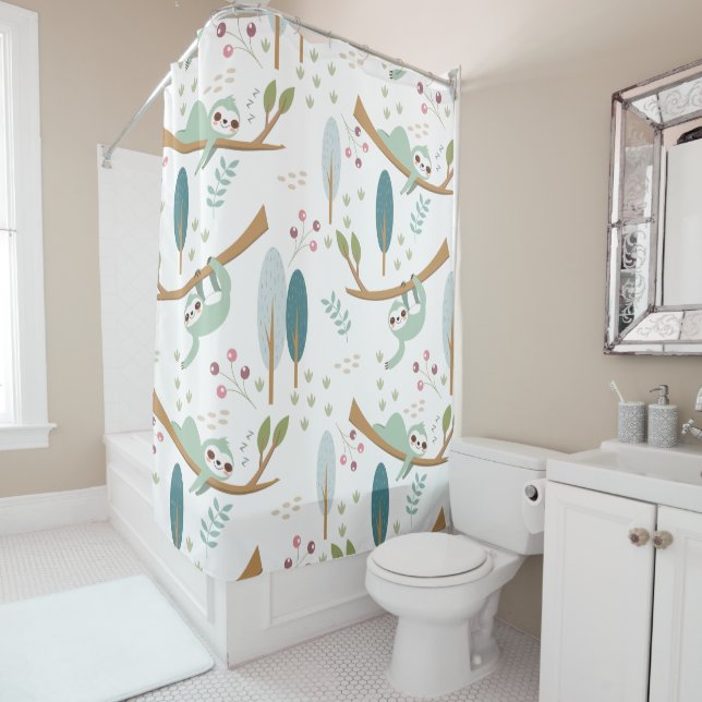 Happy Sloth Illustration Pattern Shower Curtain (In Situ)