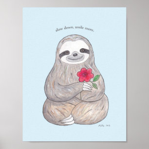 Happy Sloth Poster Cute Sloth with Flower Print