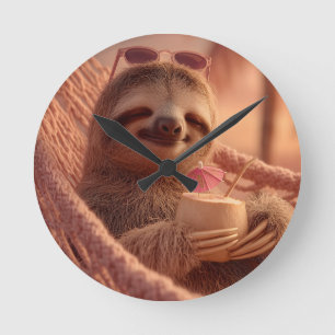 Happy Sloth Relaxing in a Hammock Round Clock