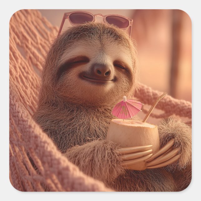 Happy Sloth Relaxing in a Hammock Square Sticker (Front)