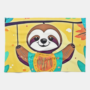 Happy Sloth Swing Design Tea Towel