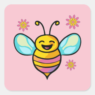 Happy smiling baby bee with flowers.  square sticker