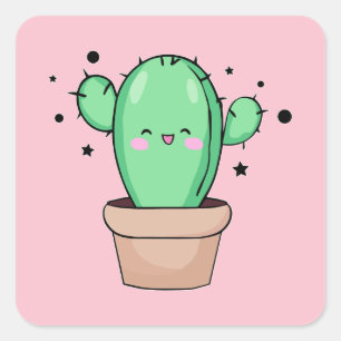 Happy smiling baby cactus in vase with stars.  square sticker
