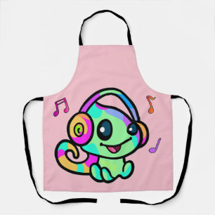Happy smiling baby chameleon with headphones.  apron