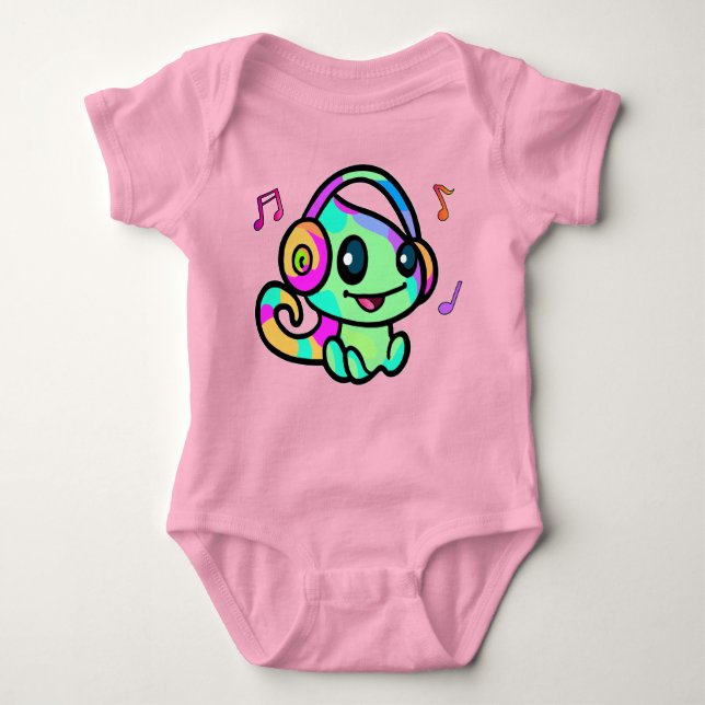 Happy smiling baby chameleon with headphones.  baby bodysuit (Front)
