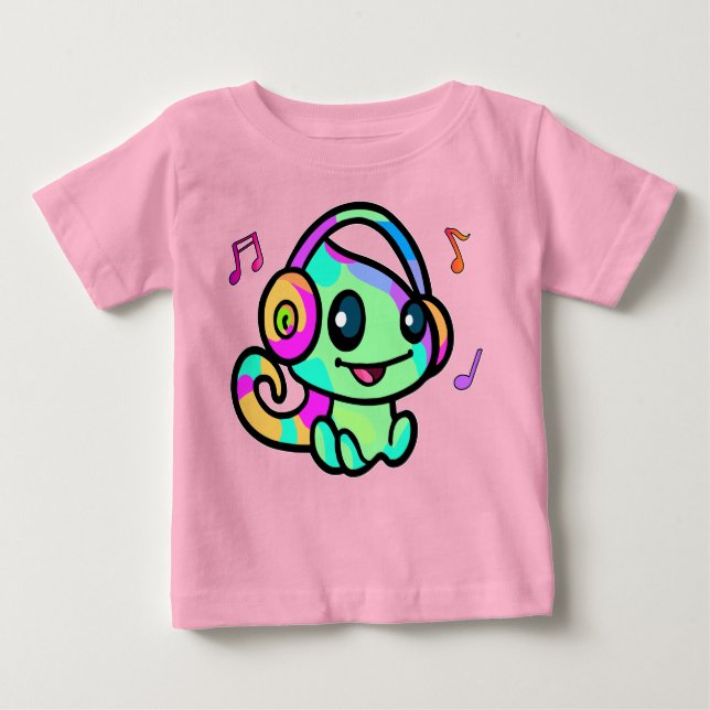 Happy smiling baby chameleon with headphones.  baby T-Shirt (Front)