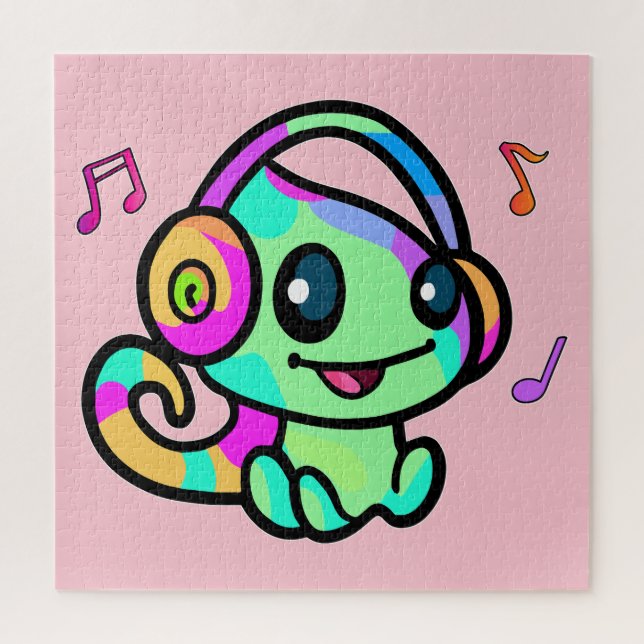 Happy smiling baby chameleon with headphones.  jigsaw puzzle (Vertical)