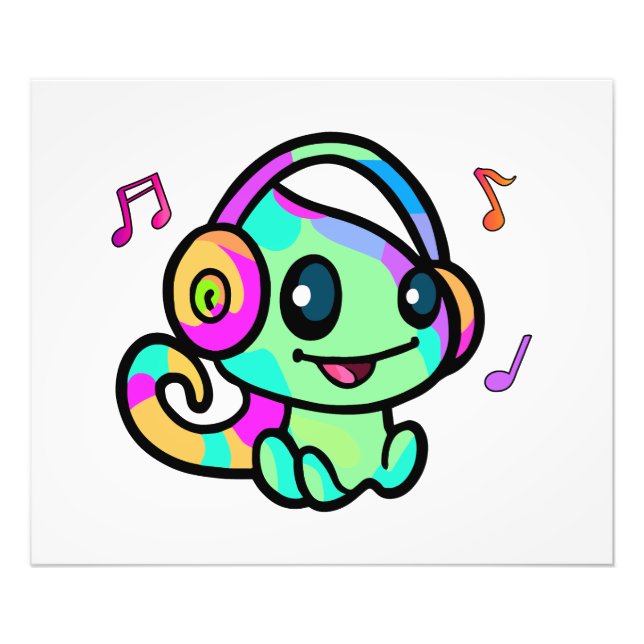 Happy smiling baby chameleon with headphones.  photo print (Front)