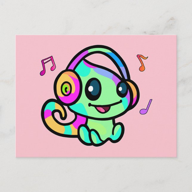 Happy smiling baby chameleon with headphones.  postcard (Front)