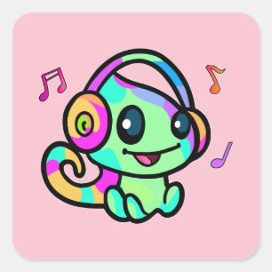 Happy smiling baby chameleon with headphones.  square sticker
