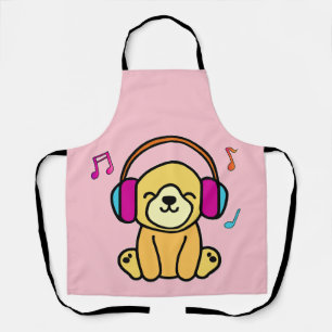Happy smiling baby dog puppy with headphones.  apron