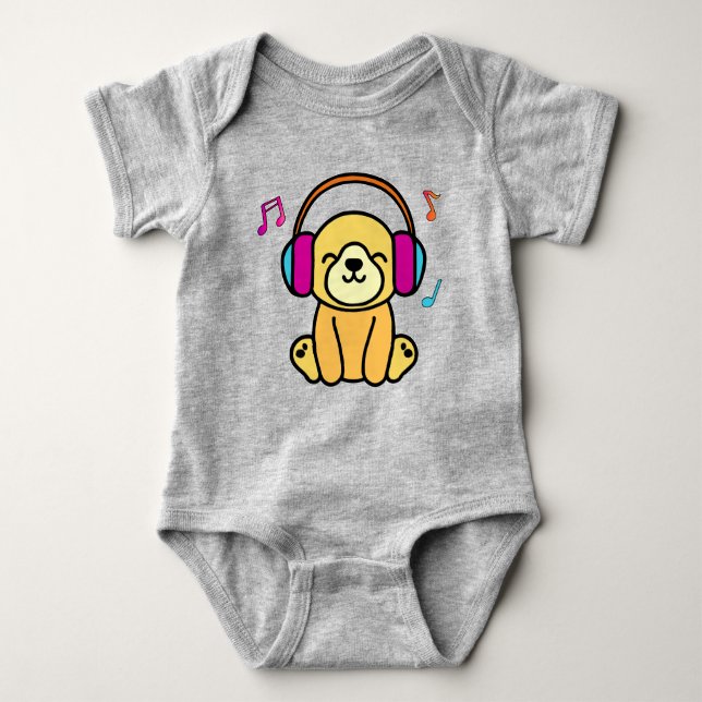 Happy smiling baby dog puppy with headphones.  baby bodysuit (Front)