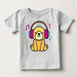 Happy smiling baby dog puppy with headphones.  baby T-Shirt