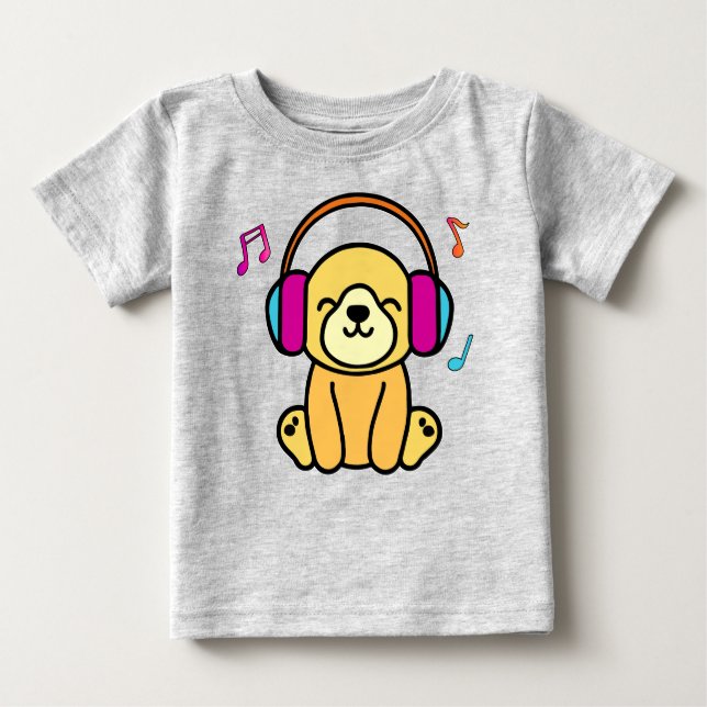 Happy smiling baby dog puppy with headphones.  baby T-Shirt (Front)