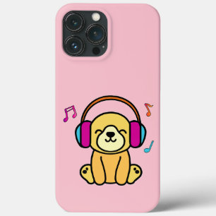 Happy smiling baby dog puppy with headphones.  iPhone 13 pro max case
