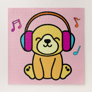 Happy smiling baby dog puppy with headphones.  jigsaw puzzle