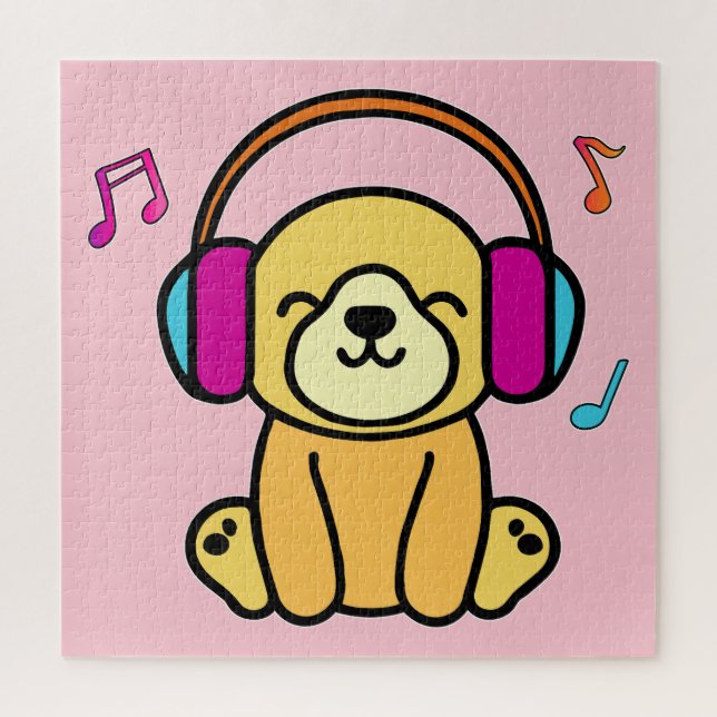 Happy smiling baby dog puppy with headphones.  jigsaw puzzle (Vertical)