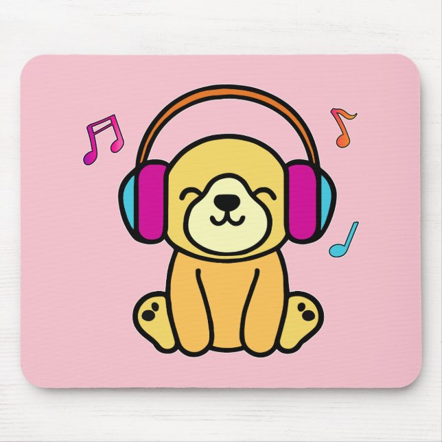 Happy smiling baby dog puppy with headphones.  mouse pad (Front)