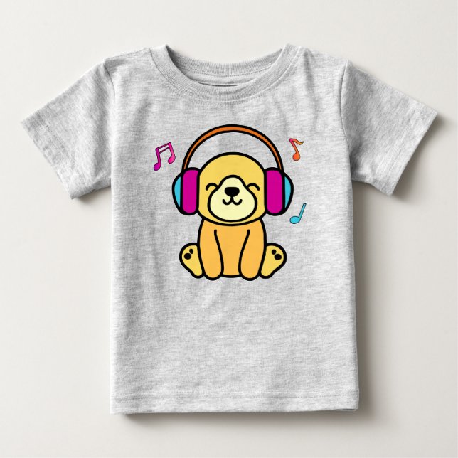 Happy smiling baby dog puppy with headphones.  T-Shirt (Front)