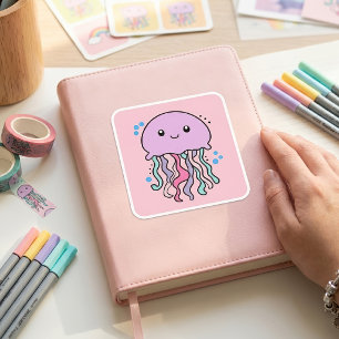 Happy smiling baby jellyfish with bubbles. square sticker