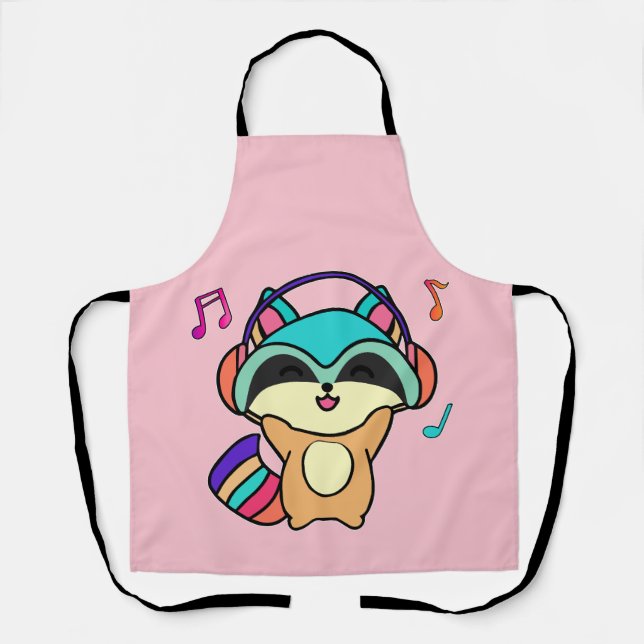 Happy smiling baby racoon with headphones.  apron (Front)