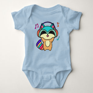 Happy smiling baby racoon with headphones.  baby bodysuit