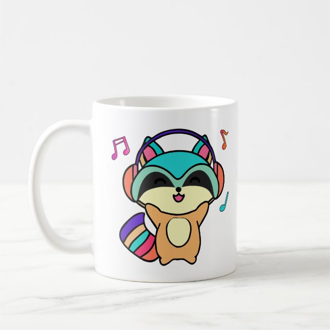 Happy smiling baby racoon with headphones.  coffee mug (Left)