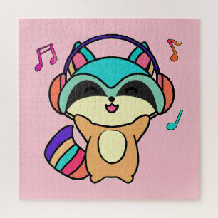 Happy smiling baby racoon with headphones.  jigsaw puzzle