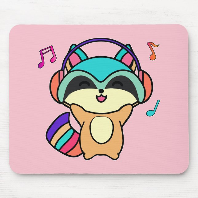 Happy smiling baby racoon with headphones.  mouse pad (Front)