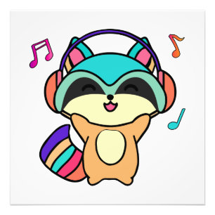 Happy smiling baby racoon with headphones.  photo print
